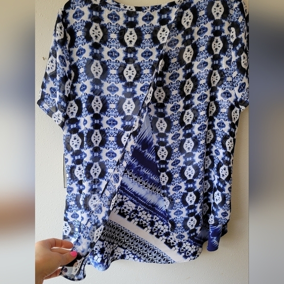 DANA BUCHMAN NWT Blue Shibori Tie Dye Chiffon Top Scarf Hem Modern Abstract  L - Picture 3 of 8